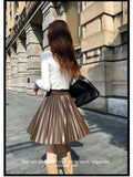 Nukty French PU Leather Pleated Skirt For Women Autumn New Elastic High Waisted A-Line Short Skirt