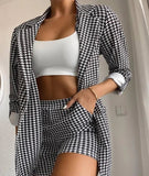 Nukty Women's Houndstooth Printed Long Sleeve Suit Coat & Shorts Set Temperament Commuting New Fashion Women Elegant Blazer Outfits