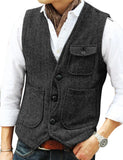 Nukty Herringbone Men's Vests Business Suit Vest Herringbone Tweed V Neck Formal Waistcoat For Wedding Suit Or Tuxedo Men Vest