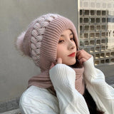 Nukty New Women Winter Warm Beanies Hat Scarf set Breathable Rabbit Hair Blend Knitted Hat Scarf for Women warm lining Caps