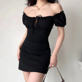 Nukty Summer Sexy Mini Dress Women Short Sleeved Lace up Hollow Casual Backless Folds Bodycon Black Dress Party Elegant A-LINE Dresses