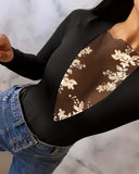 Nukty Woman Sexy Floral Sequin Sheer Mesh Patch Bodysuit New Female Casual Clothing Night Out Women's Fashion Plunge Skinny Tops