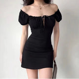 Nukty Summer Sexy Mini Dress Women Short Sleeved Lace up Hollow Casual Backless Folds Bodycon Black Dress Party Elegant A-LINE Dresses