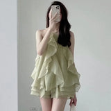 Nukty Boho Dress Vintage Hanging Neck Layer Ruffle Sleeveless Sling  Short Sexy Green Chiffon es Robe Vestidos Mujer Korean