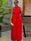 Women Pocket Front Zipper Fly Turn-down Neck Sleeveless Wide Leg Jumpsuit 2024 Spring Summer Street One Piece Suit Playsuits