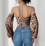 Nukty Women's Fashion Sexy Leopard Print Sexy Slim Short Jumpsuit Female Clothing Long Sleeve Retro Sweet and Spicy Tight Bodysuit