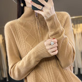 Nukty 100% Merino Wool Women's Turtleneck Sweater Autumn Winter Casual Knit Loose Top Fashion Zipper Half Open Neck Cashmere Pullover