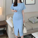 Nukty Summer Dress 2024 Women Short Sleeve Casual Solid Color Elegant Midi Sundress O Neck Loose Zipper Split Party Vestidos