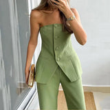 Trousers Set Tube Top Trousers Set Elegant Bandeau Top High Waist Wide Leg Pants Set for Women Single Breasted Off for Office