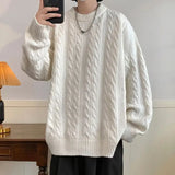 Nukty Solid Colour Ribbed Twist Pattern Round Neck Pullover Sweater Men Women Autumn Winter Couple Loose Knitted Woolen Top Warm Soft