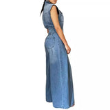 Nukty Jumpsuits Women One Piece Denim Jeans Overalls Sleeveless High Waist Turn Down Collar Wide Leg Long Pants Rompers Summer 2024