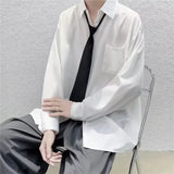 Nukty White Solid Shirts With Tie Men's Oversize Long Sleeve Casual Cardigan Fashion Spring Autumn Blouses Unisex Daily All-match Tops