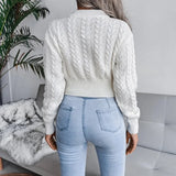 Nukty Crop Cable Knit White Sweater Long Sleeve Crew Neck Pullover Women Jumper Soft Girls Autumn Winter  Thick & Warm Knitwear