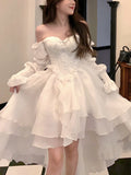 Nukty Pure Color Fairy Midi Dress Women White Elegant Evening Party Dress Beach 2024 Spring Casual Long Sleeve Fashion Dress Korean