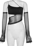 Nukty Cut Out Mesh Crop Top with Sleeves Fairy Grunge  Clothes Transparent Camisole Tank Tops