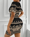 Nukty Fashion 2024 Spring Summer Daily Women's Dress Elegant Casual Short Bell Sleeve Tribal Print Plunge Bodycon Mini Dress