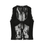 Nukty Women Lace Sexy Women Tank Top See Through Y2K Sleeveless Button Up Vest Tee Retro Chic Aesthetic V Neck Camis Tops