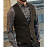 Nukty Slim Mens Vest Tweed Waistcoat Vest Vintage Herringbone V-neck Casual Wool Groomsmen Suits Vest For Wedding XS-5XL