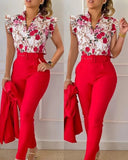 Nukty business casual outfits Womens Elegant Slim Two-Piece Sets Summer Fashion Print V Neck Button Flying Sleeve Shirt Top & Solid Long Pants Suits With Belt