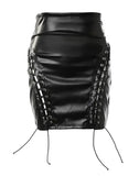 Nukty Skirts Woman Fashion High Waist Pu Leather Eyelet Lace-Up Skirt Sexy Black Hip Lift Slim Mini Dress Party Club Streetwear