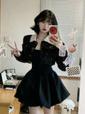 Nukty Winter French Elegant One Piece Dress Women Black Patchwork Vintage Party Mini Dress Female Korean Style Sweet Chic Dress