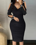 Nukty Sexy Rhinestone Decor Cold Shoulder Ruched Bodycon Long Sleeve Dress Midi Skinny Party women's dresses