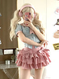 Nukty Pink Kawaii Skirt Women Ruffle Patchwork Layered Bow High Waist Cute Mini Skirt Shorts Harajuku Japanese Style Soft Girl