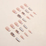 24Pcs Press on Nails Short Ballet False Nails French Glitter Fake Nail with Rhinestone Design Full Cover Detachable Nail Tips