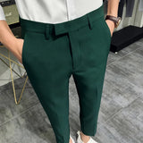 Nukty 2024 Summer Fashion Mens Dark Green Suit Pants Pure Color Business Occupation Slim Fit Dress Office Ankle Trousers