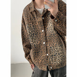 Nukty Hip Hop Men's Vintage Leopard Print Denim Jackets  Autumn Fashion Lapel Collar Zipper Jacket Coat Holiday Jackets Streetwear