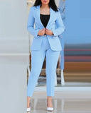 Nukty business casual outfits 2pcs Women Office Clothing Set Long Sleeve Blazer Jacket & High Waist Pencil Pants Solid Color