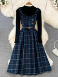 Nukty High Quality Fall Winter Women Sweater Overalls Dress Sets Casual Knitted Tops +Plaid Woolen Dress 2 Piece Sets Outfits Female