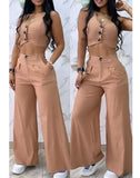 Nukty Sexy Womens Two Piece Sets Outfit Buttoned Vest Coat & Wide Leg Pants Set New Fashion Casual Elegant Female Suit