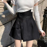 Nukty High Waist Asymmetric Vintage Womens Leather Shorts Skirts With Button Autumn Winter Fake Two Pieces Pu Short Pants