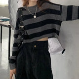 Nukty Korean Style Striped Cropped Sweater Women Vintage Oversize Knit Jumper Female Autumn Long Sleeve O-neck Pullovers Tops