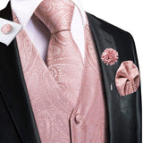 Nukty Wedding Peach Pink Mens Vests Silk Paisley Jacquard Waistcoat Tie Hanky Cufflinks Brooch Set for Men Suit Formal Business Hi-Tie