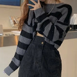 Nukty New Korean Style Striped Cropped Sweater Women Vintage Oversize Knit Jumper Female Autumn Long Sleeve O-neck Pullovers Tops