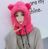 Nukty Cute Winter Earflaps Plush Bear Ears Hats adult Warm Mask for Outdoor Women Bonnet Hood