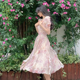 Nukty Summer V-neck Print Dress French Style Women Elegent Party Pink Midi Dress Female Fashion A Line Holiday Korean Clothes Vestidos