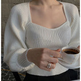 Nukty Women Casual Office Sweaters Square Collar Solid Elegant Sweater Lantern Long Sleeve Knit Jumpers Women Fall Winter