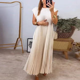 Nukty Solid Color Loose Swing Sleeveless Long Dress Female Round Collar Basic Pleated Dress Spring Summer Casual Wome Beach Boho Robe