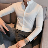 Nukty British Style Men Long Sleeved Shirt Autumn Anti-wrinkle Soft Solid Casual Elastic Slim Fit Camisas Y Blusas Men Clothing