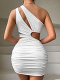 Nukty Sexy Tight Evening Mini Dress 2024 Summer Hollow Out Wrap Around Dress One Shoulder Bodycon White Dresses For Women