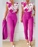 Nukty business casual outfits Womens Elegant Slim Two-Piece Sets Summer Fashion Print V Neck Button Flying Sleeve Shirt Top & Solid Long Pants Suits With Belt