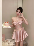 Nukty Summer Pink Kawaii Floral Dress Women Patchwork Designer Y2K Party Mini Dress Female Korean Fashion Sexy Elegant Dress