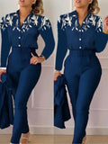 Nukty business casual outfits Elegant Women Printed Two Piece Suit Sets Spring Autumn V Neck Long Sleeve Shirt Top & Long Pants Set With Belt Workwear Outfits