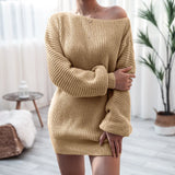 Nukty Autumn and Winter Women's Dresses One-Word Collar Louj Casual Loose Knitted Sweater Dress Short Dresses Casual Dress for Women