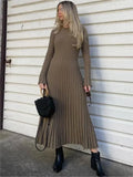 Nukty Women Knitted Long Dress Casual Solid Color O-neck Ribbed Long Sleeve Pleated Dresses Elegant Lace Up Bodycon Maxi Dress Robe