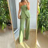Nukty Trousers Set Tube Top Trousers Set Elegant Bandeau Top High Waist Wide Leg Pants Set for Women Single Breasted Off for Office