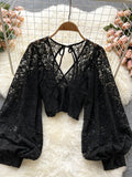 Nukty Autumn Black/White/Brown Sexy Lace Blouse Women Elegant V-Neck Puff Long Sleeve Open Back Short Tops Female Party Blusas